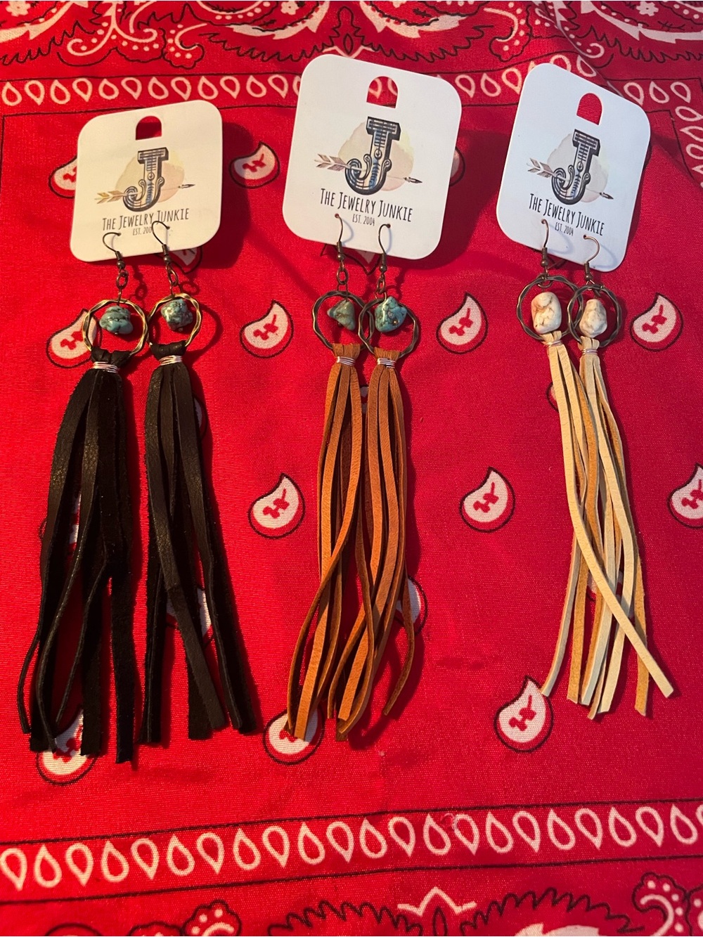 THREE Turquoise Drop Tassel Fringe Earrings Set- Black, Tan, Cream